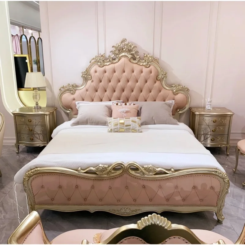 French light luxury high-end solid wood carving flower bed,European double leather bed,master bedroom villa luxury princess bed