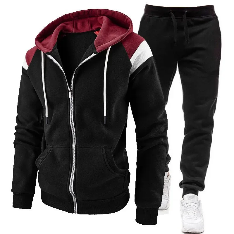 

2025 New Autumn/Winter Men's Color blocked Zipper Hoodie Fashion Hoodie Sports Pants Casual Set