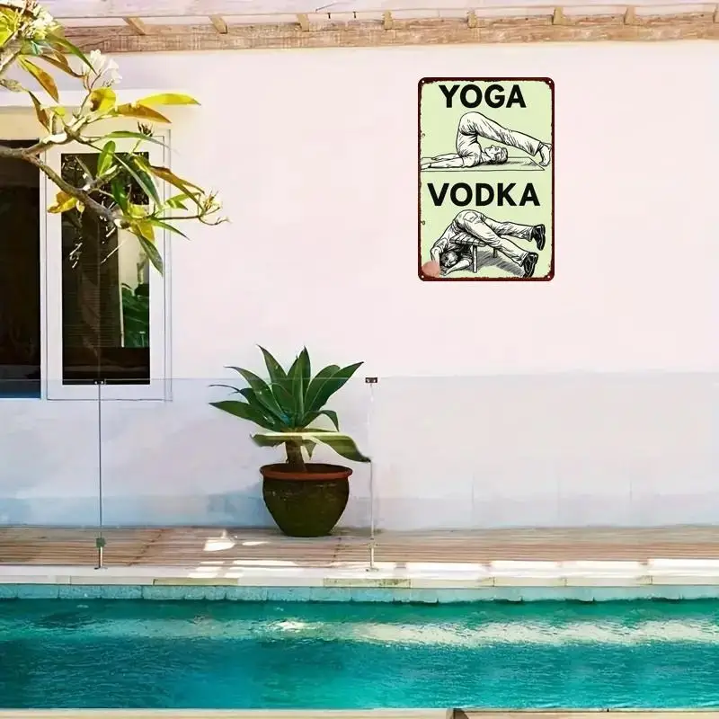 2D Flat Single Panel Aluminum Wall Art Sign Yoga and Vodka, Indoor Decor Gym Bar Home