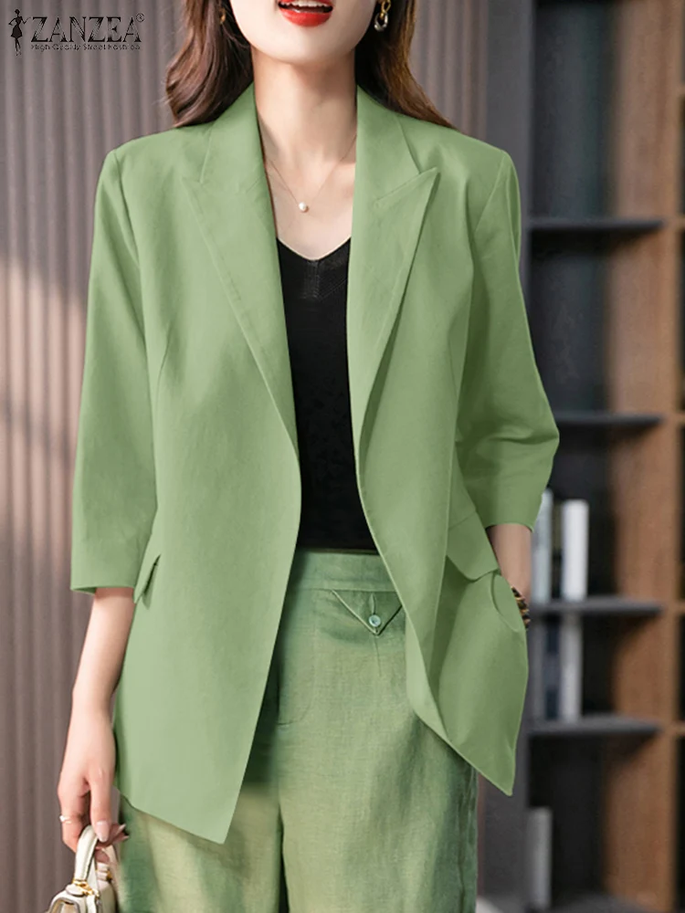 เสื้อเบลเซอร์ลำลองน้ำหนักเบาสำหรับผู้หญิง ZANZEA รุ่นปี 2025 ปกแหลม แขนสามส่วน แบบเปิดด้านหน้า เหมาะสำหรับใส่ทำงานหรือเดินทางไปออฟฟิศ ไซส์ 3XL