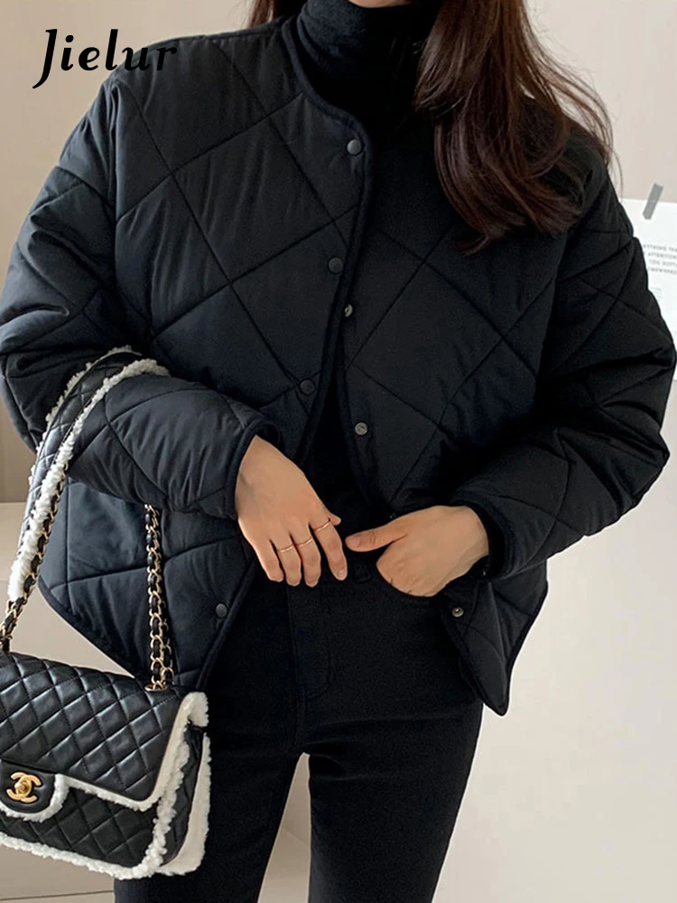 Jielur Chic O-neck Winter Casual Women Parkas Pure Color Simple Loose Thick Single Breasted Fashion Female Coats Office Lady