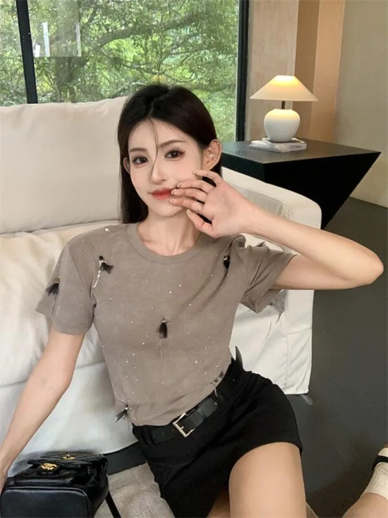 Advanced Hot Fix Rhinestone Women Tops Summer Short Sleeve with Chain Crop T-shirts Female High Street Expose Navel Sexy Tees