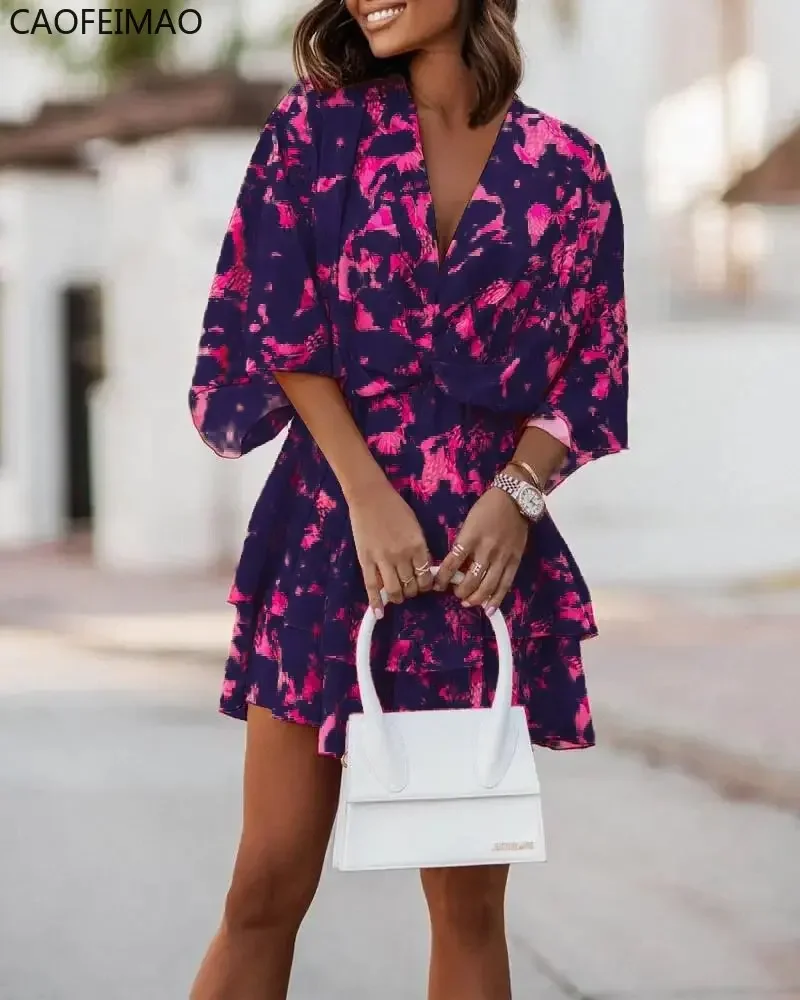 Women Sexy V Neck Mini Dresses Summer Boho Casual Floral Print Batwing Sleeve Dresses Female Ruffle Beach Party Dress Vestidos