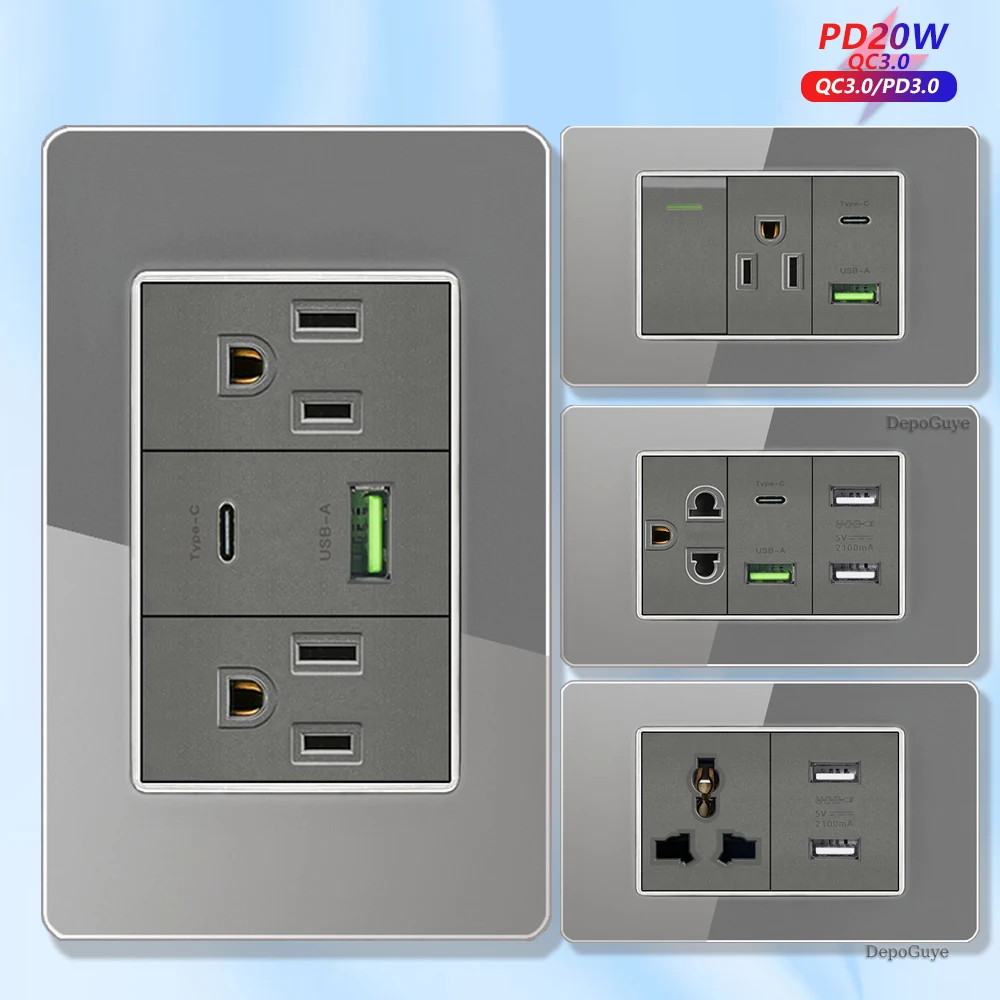 Grey Tempered Glass American USB Type-C 20W Smart Fast Charging Wall Socket Plug,Mexico Thai Dual usb Power Outlet Light Switch