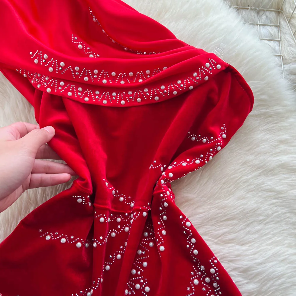 ملابس نسائية مثيرة أنيقة بدون أكمام وياقة قطرية من القطيفة مقسمة على الموضة الكورية العتيقة للحفلات المسائية #5