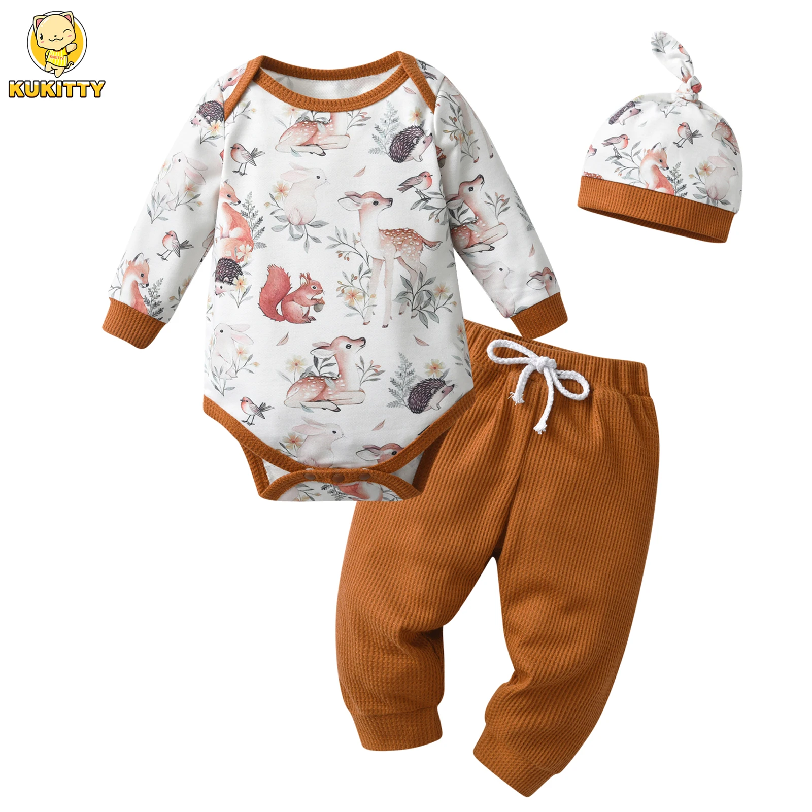 Newborn Infant Baby Boy Long Sleeve Clothes Set Animal Printed Thin Cotton Romper Bodysuit Top and Pants Long Cap 3pcs Outfit