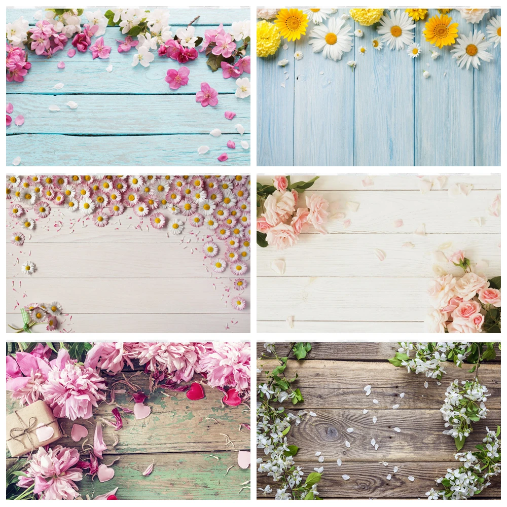 

Rustic Wood Floor Flower Photography Background Floral Wooden Board Newborn Baby Birthday Pet Food Portrait Photocall Backdrop