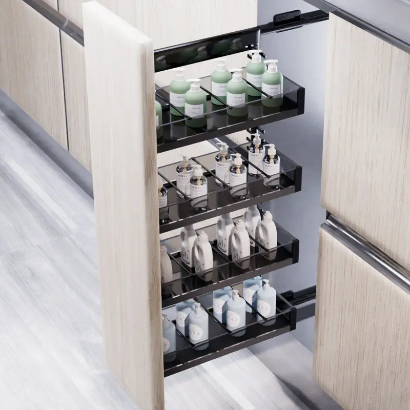 

Bathroom Half wall pull basket Bathroom Extremely narrow cabinet Side mounted pull basket Drawer side cabinet Shelf Dry area