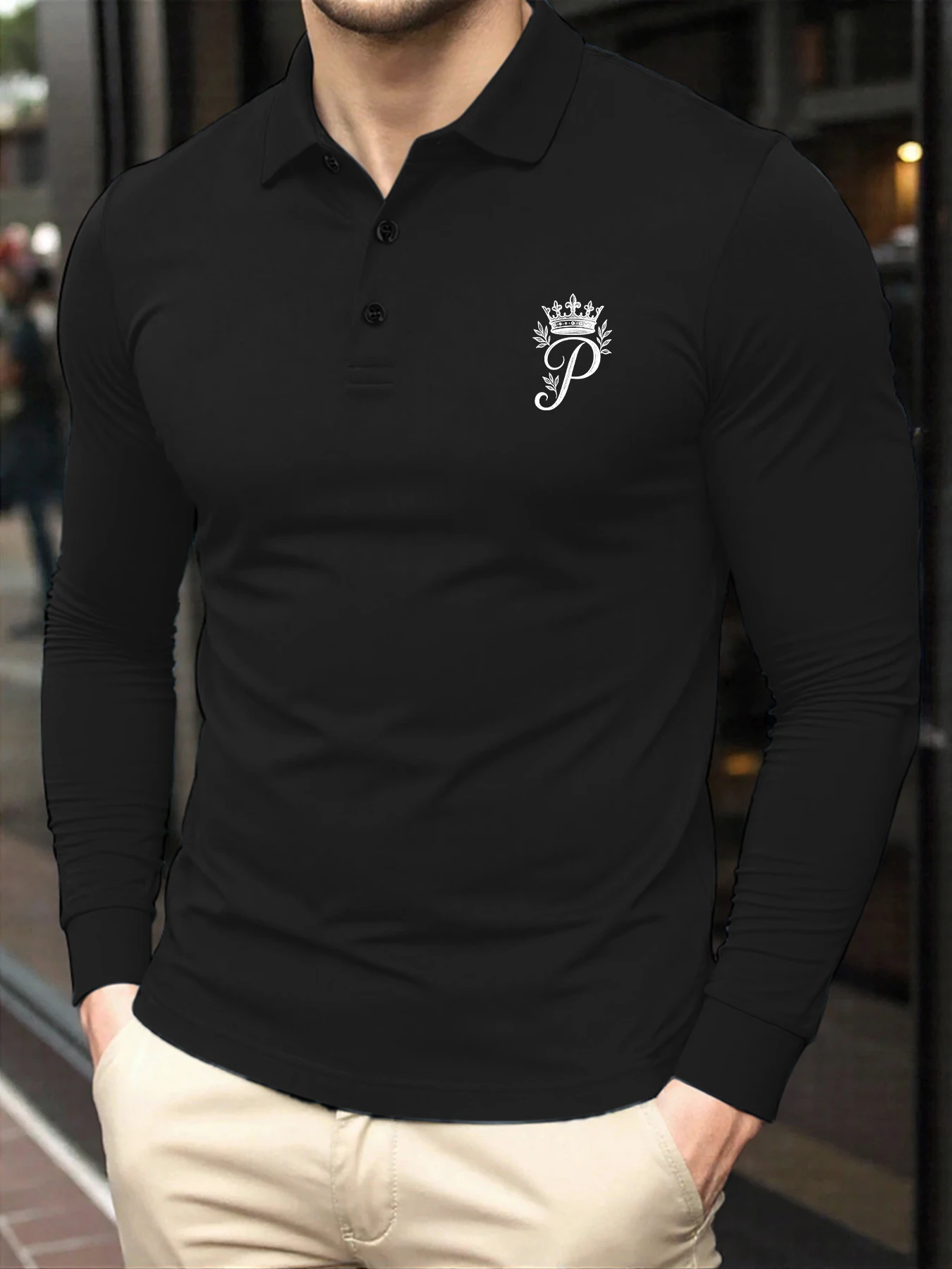 

Корона с буквой P, простой узор, мужская одежда, модные рубашки поло с длинными рукавами, разноцветная осенняя футболка, спортивные пуговицы, новые топы
