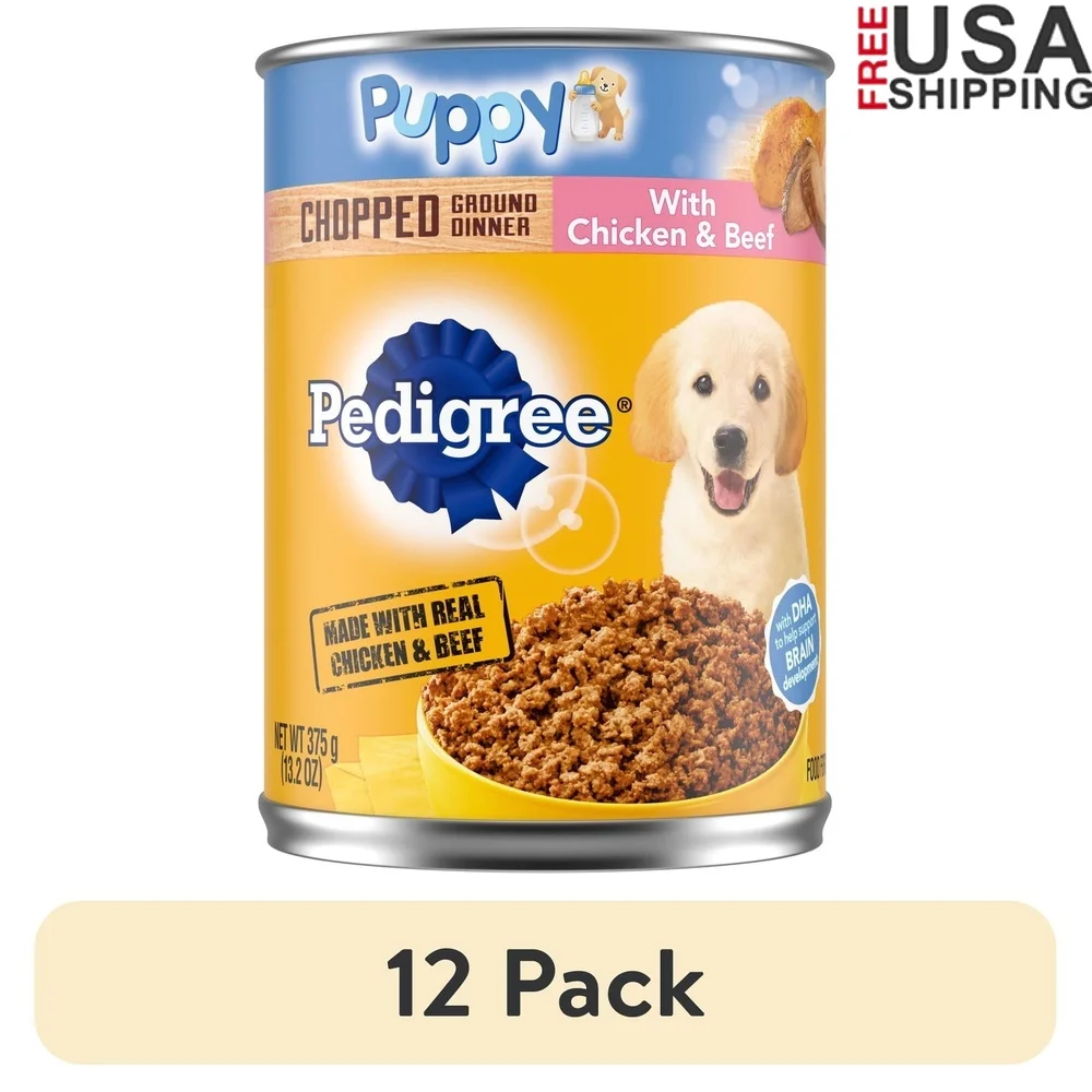 Paquete de 12 alimentos húmedos para perros picados, sabor a pollo y carne, lata de 13,2 Oz, cálcio rico en nutrientes, desarrollo saludable DHA