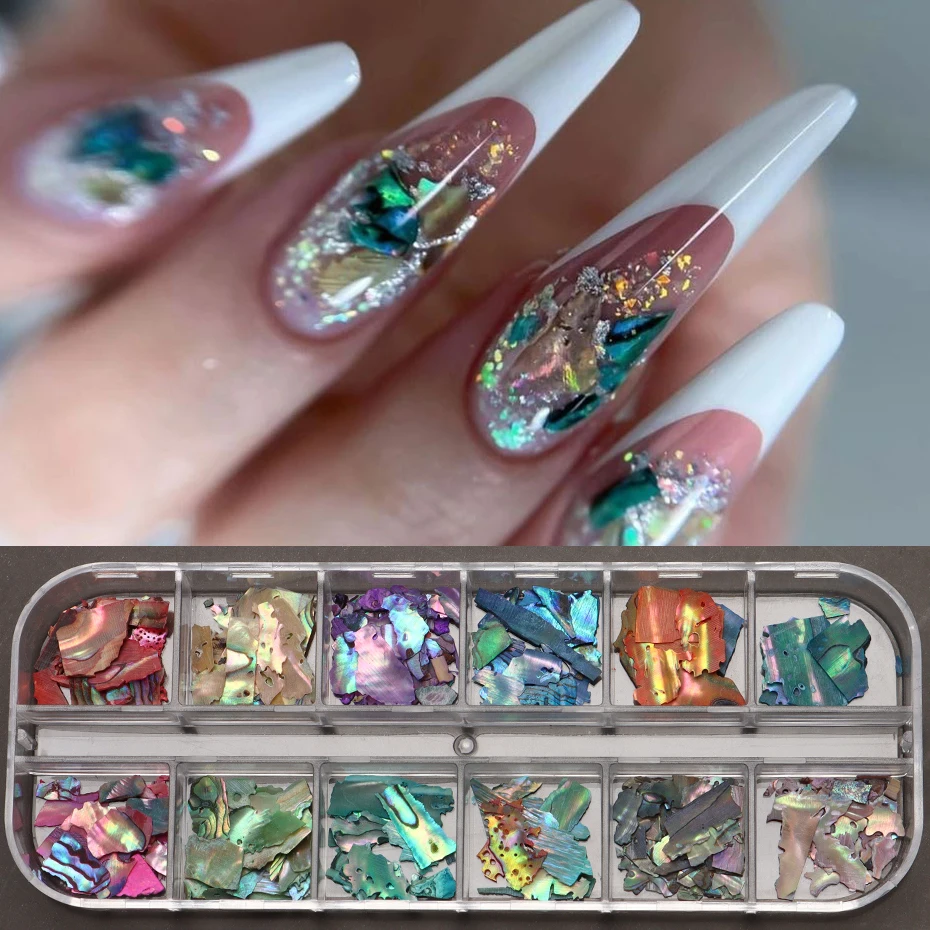 12Grids Irregular Abalone Shell Nail Art Flakes Natural Sea Shell Slices Nail Charms 3D Shiny Shell Sequins Manicure Flakes