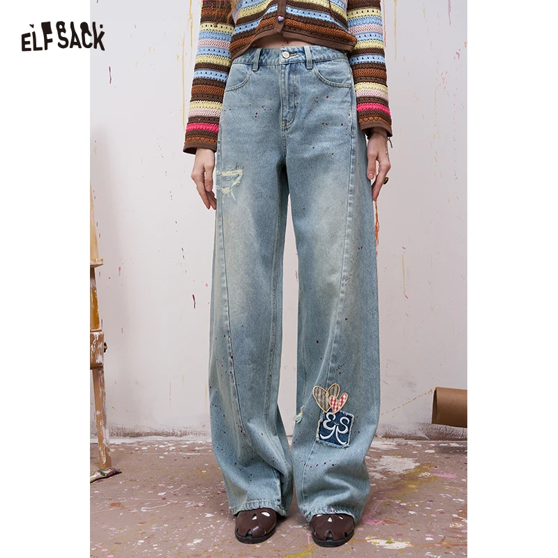 

ELFSACK Vintage Denim Jeans with Bow Embroidery , Patchwork Wide Leg Barrel Jeans, Casual Baggy Trousers for Women
