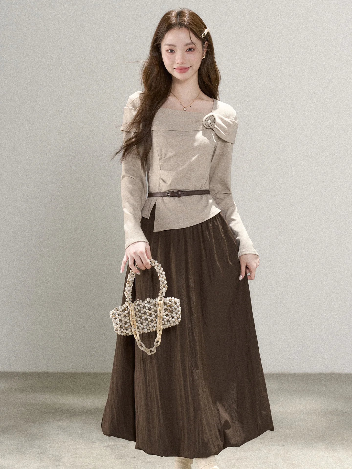 

Ele Square Collar Women's Outfit Spring Autumn New Sle Floral Skirt f-length Skirt Faionable Korean Sle Set