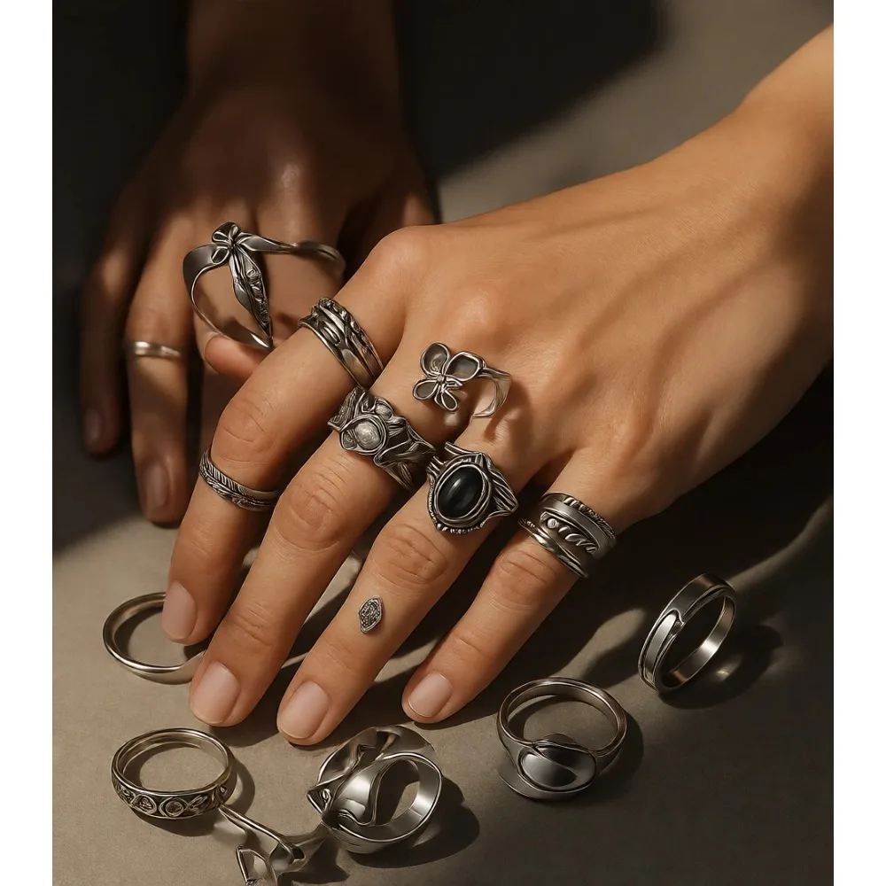 

Винтажный набор серебряных колец на костяшки пальцев: массивные, готические, регулируемые, в стиле панк, бохо, с черепами, лягушками, сердцами, звездами, цветами, для многослойного ношения (миди-стакинг)