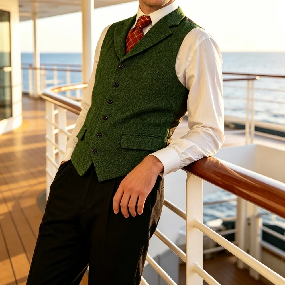 Men's Vest Herringbone Tweed Wool Mens' Business Slim Fit Suits Waistcoat For Wedding Groomsmen
