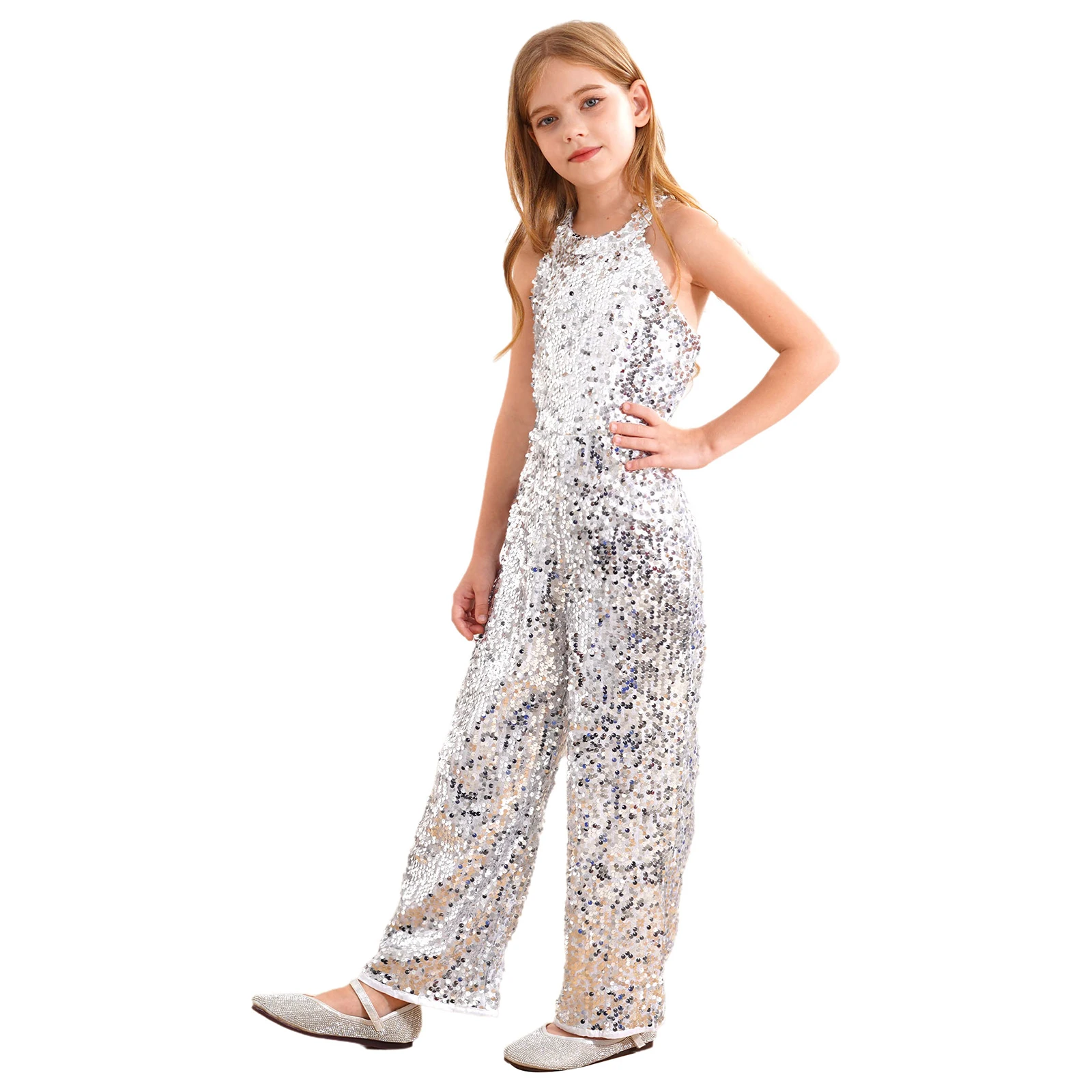 

Kids Girls Shiny Sequin Ballet Jazz Dance Costume Pageant Romper Halter Neck Strappy Back Wide Leg Pants Unitards Jumpsuit