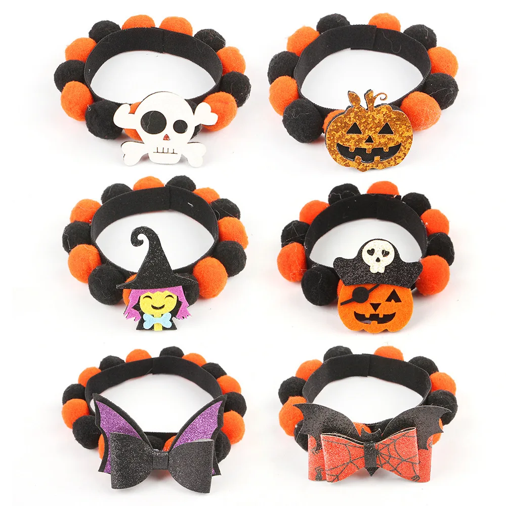 Immagine 5: Collare per Animali Domestici per Halloween con Ciondolo a Forma di Zucca Fantasiosa, Corda Elastica e Pompon Soffici in Materiale Peloso per Cani e Gatti