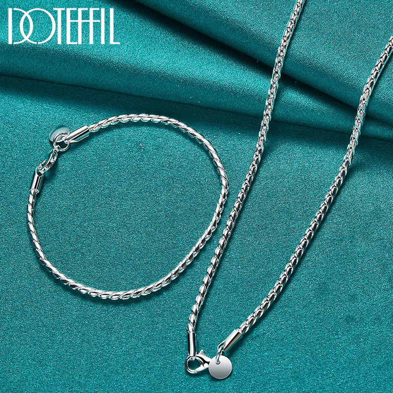 DOTEFFIL 2pcs 925 Sterling Silver 4mm Snake Chain Necklace Bracelet Sets For Women Man Wedding Engagement Party Jewelry Gift