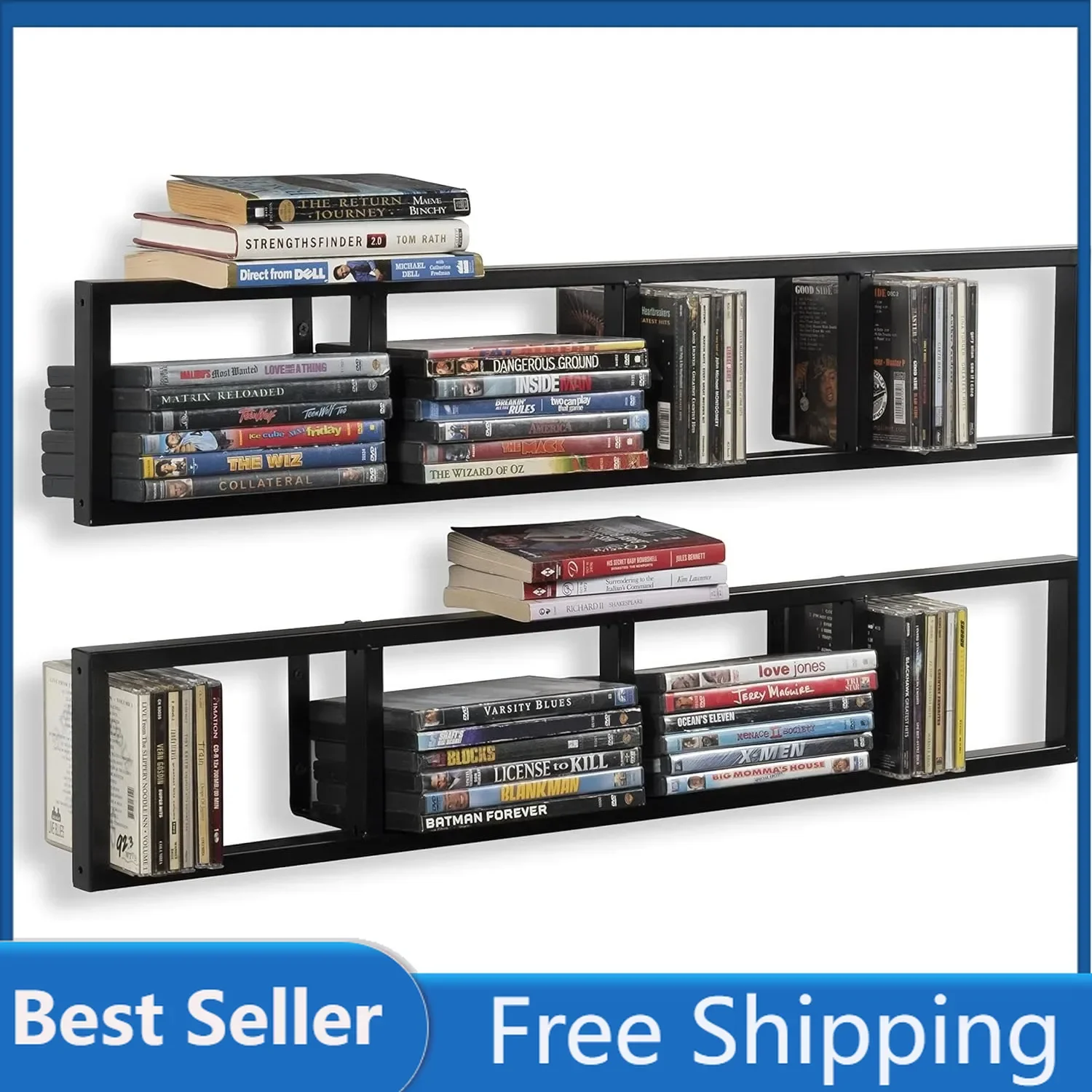 You Have Space Wall Mount 34 Inch Media Storage Rack CD DVD Organizer Metal Floating Shelf Set of 2 Black