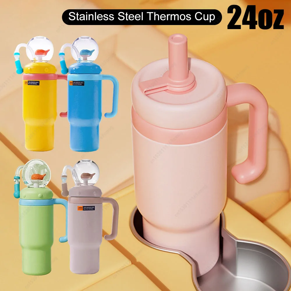 

Cute Cartoon Kids Insulated Straw Cup 710ML Vacuum with Handle Whale Decor Leakproof Children Water Bottle