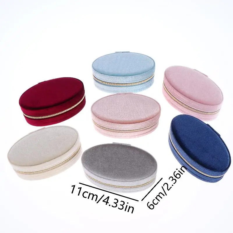 1pc Retro Oval Velvet Mini Portable Jewelry Box For Rings Earrings Bracelets Necklaces Zipper Jewelry Box (about 11*6CM)