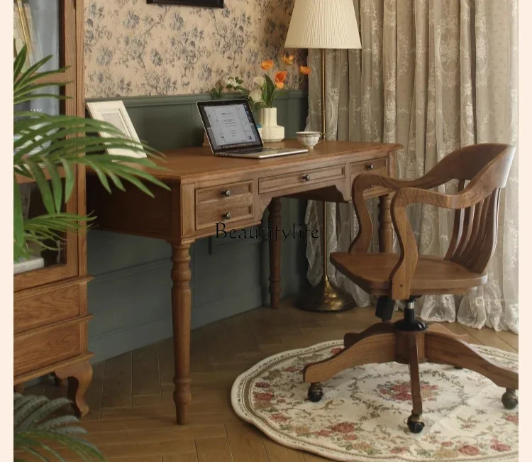 

01American country log desk European oak three-draw desk