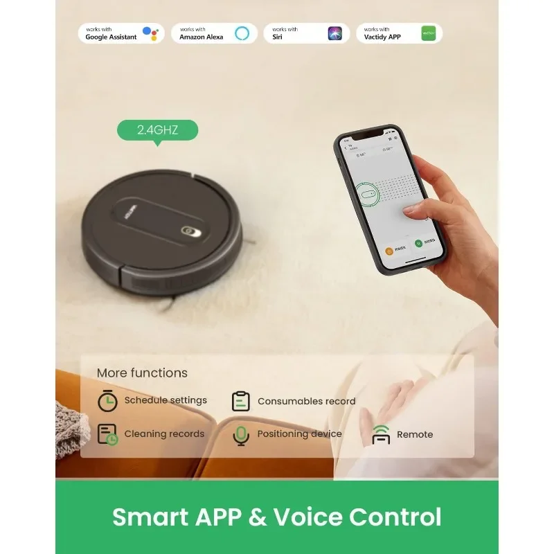 Vactidy-Aspirateur Robot à Charge existent, Puissance d'Aspiration 2000Pa, WiFi 2.4GHz, Contrôle par Application, Alexa, Siri