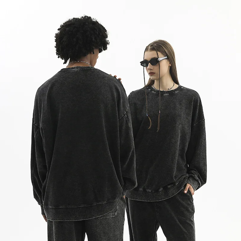 

High Street Retro Batik Large Size Drop Shoulder Solid Color Worn Washed Men and Women Hip Hop Loose American Round Neck Sweater