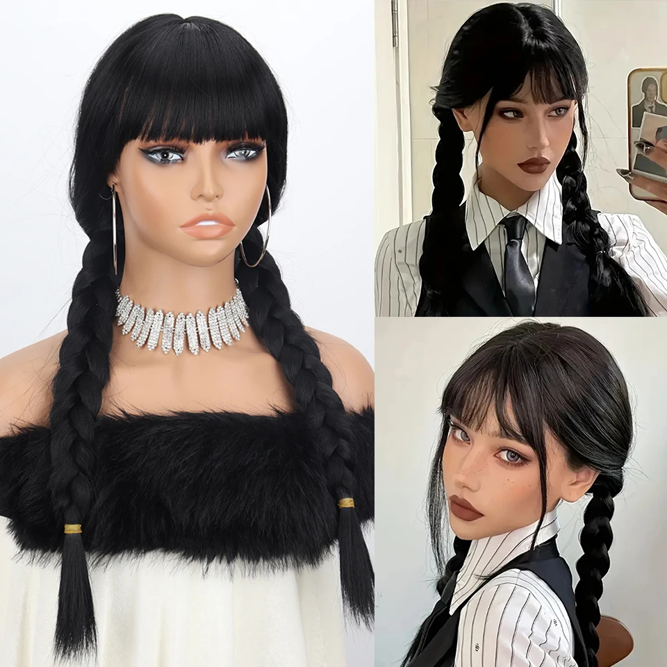 Costume wig long double ponytail synthetic wig bangs Wednesday movie role-playing wig Halloween role-playing party