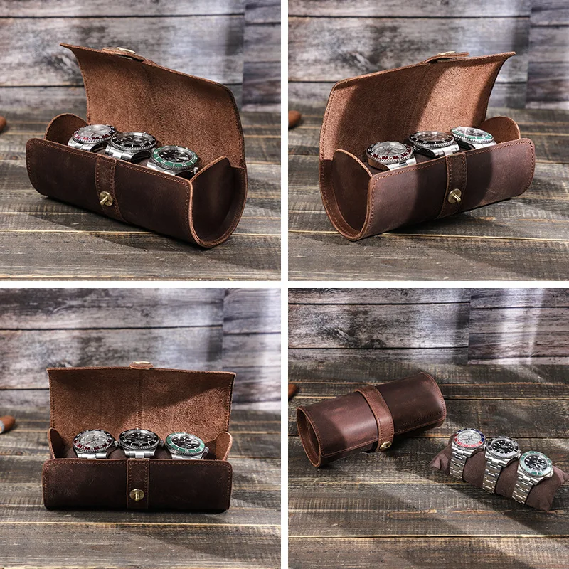 Three-card slot watch box Retro Crazy Horse Leather Watch Box Creative Round Buckle Leather Storage Box