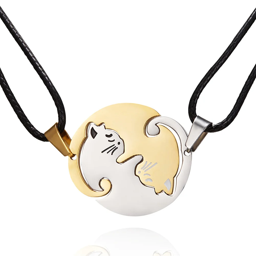 2 Pcs/set Cute Black And White Cat Pendant Stainless Steel Cat Embrace Couple Necklace Jewelry Gift For Men And Women Pendant