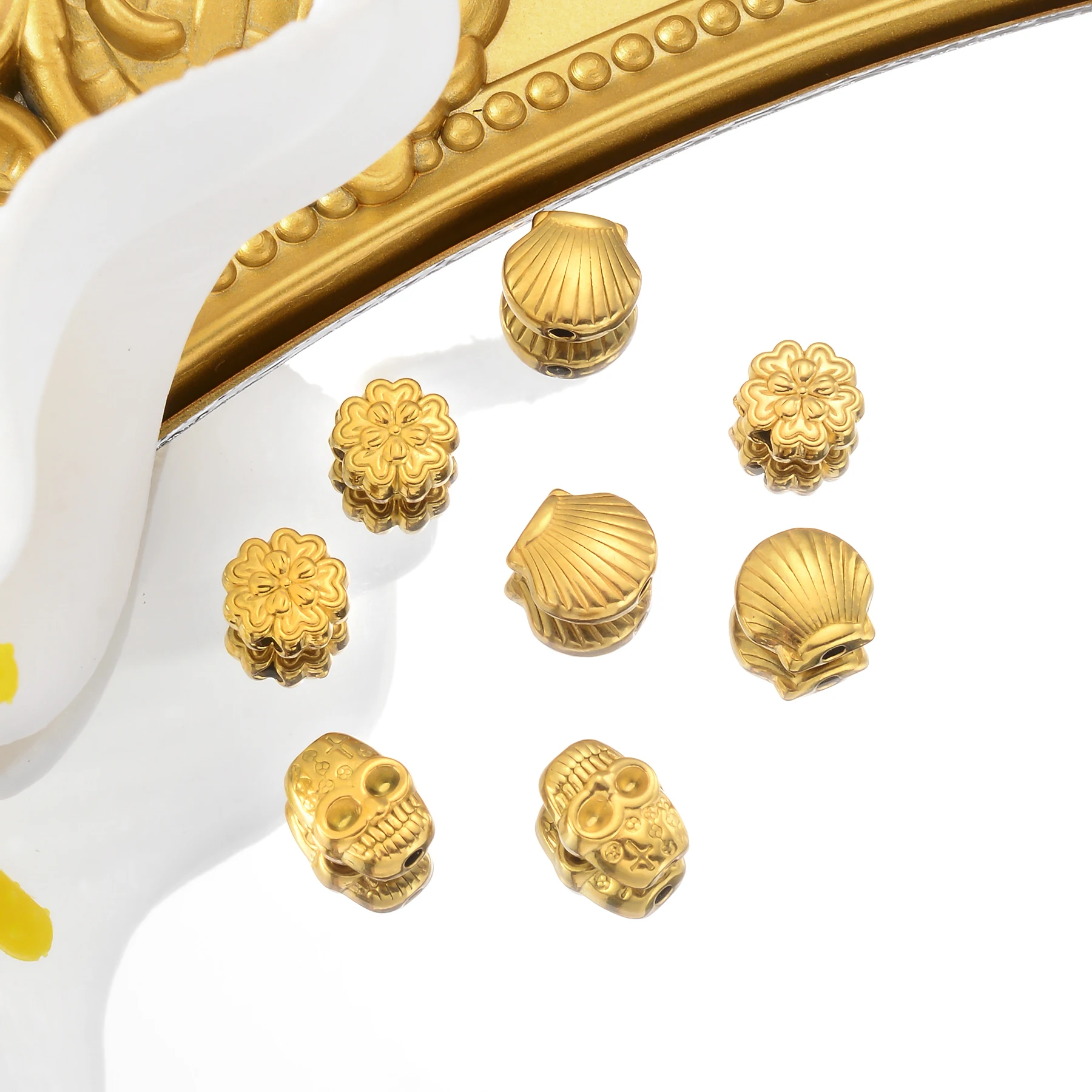 10pcs Exquisite Skull/Flower/Shell Stainless Steel Gold Color Loose Beads Charms Spacer DIY Bracelets Necklaces Supplies