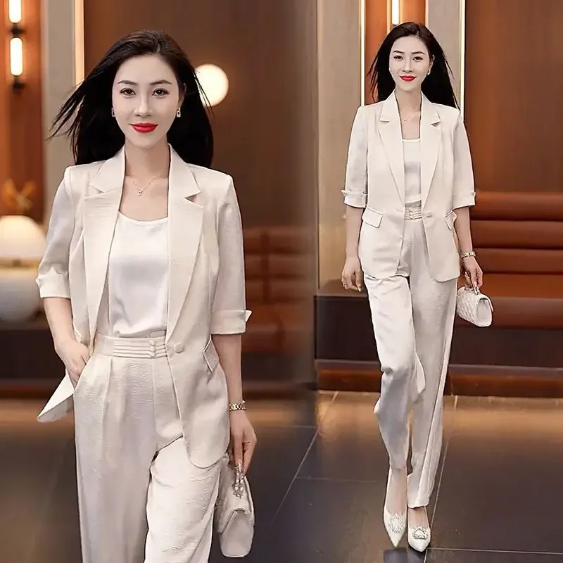 Ladies Trouser Office Professional Summer 2024 Suits Ice Silk Wear To Work Women\'s Blazer and Pants Two Piece Set Korea Stylish