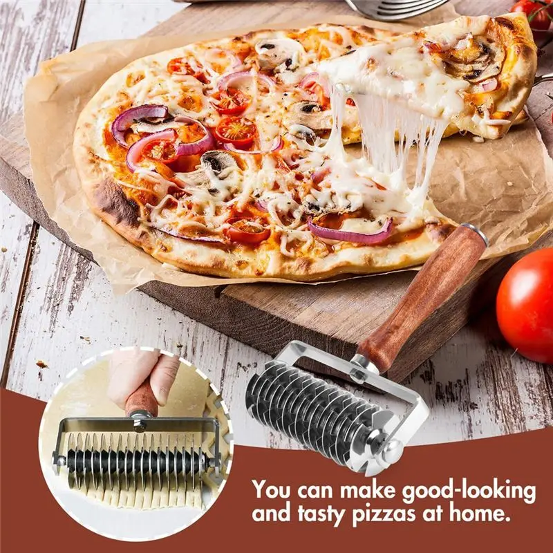J1UL1N Lattice Roller Cutter Wooden Handle Dough Roller Cutter - Premium Stainless Steel For Perfect Cookies Pies Pizza Bread