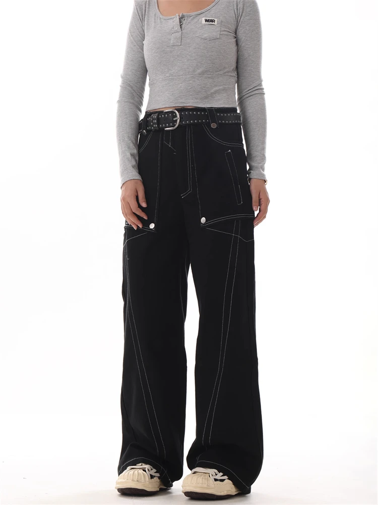 

Women's Straight Bright Line Decoration Black Jeans Trousers Cool Girl Casual Bottoms Female High Waist Wide Leg Denim Pants