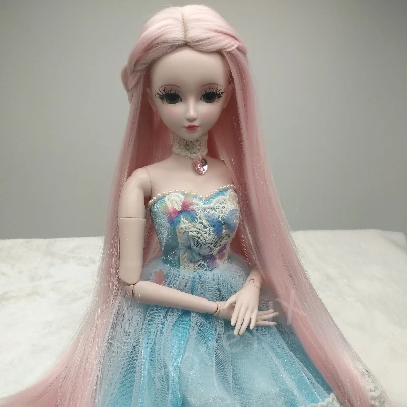 Bjd SD Doll Wig Pink Long Straight Syethetic Fiber Middle Part Full Bangs Hair For 1/3  Doll Wig Accessories