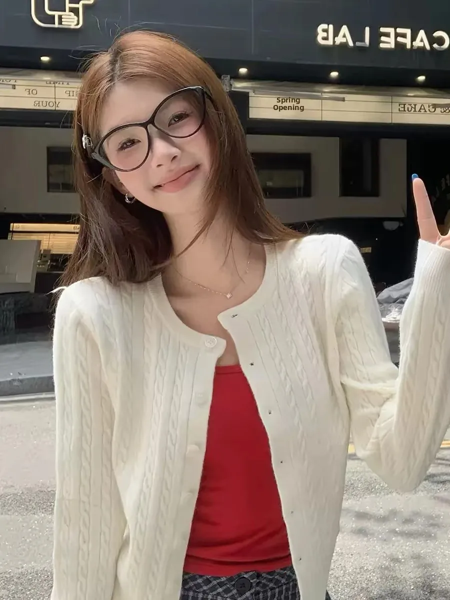 Black Knitted Open Cardigan Women's High-End round Neck Twist Sweater Early Autumn Outerwear Comfortable Soft Long Sleeve