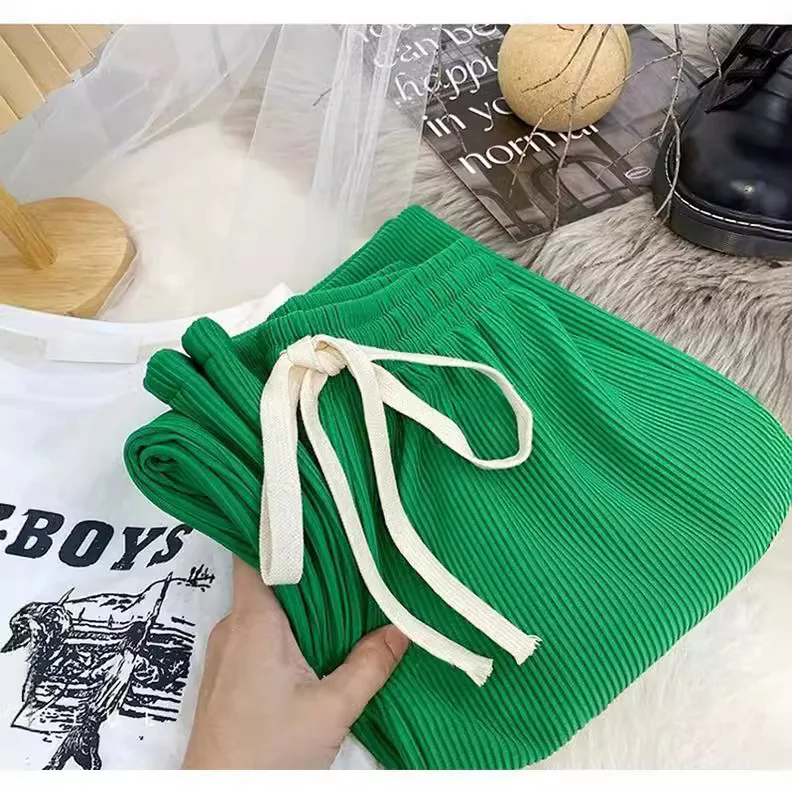 Pantalon à jambes larges pour femmes, haute qualité, Modal, taille élastique, pour écolières BF, plis, cordons de serrage, ceinture Chic pour collège, printemps