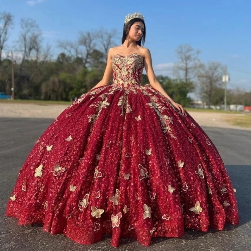 

Red Sweetheart Ball Gown Quinceanera Dresses Gold Applique Bow Crystal Beading Off the Shoulder Ribbons Corset Vestido De 15Anos