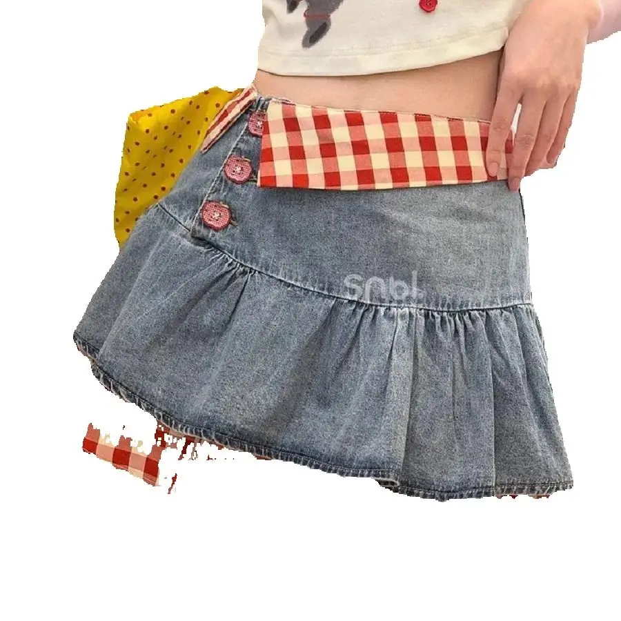 American Fake Two-piece Design-sensory Denim Skirt Women 2025 Summer New Y2k Hot Girls Slim A-line Short Skirt