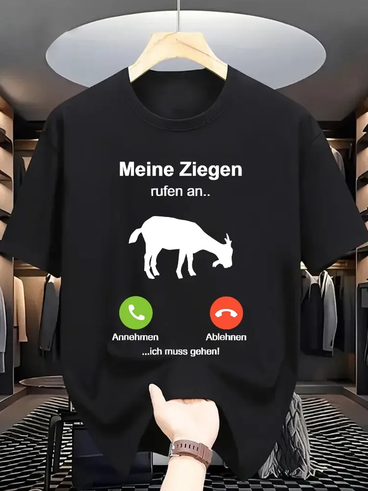 Mens Beige Soft Tee German Goat Incoming Call Funny Silhouette Graphic Crew Neck Short Sleeve Loose Male Casual Street Daily Top