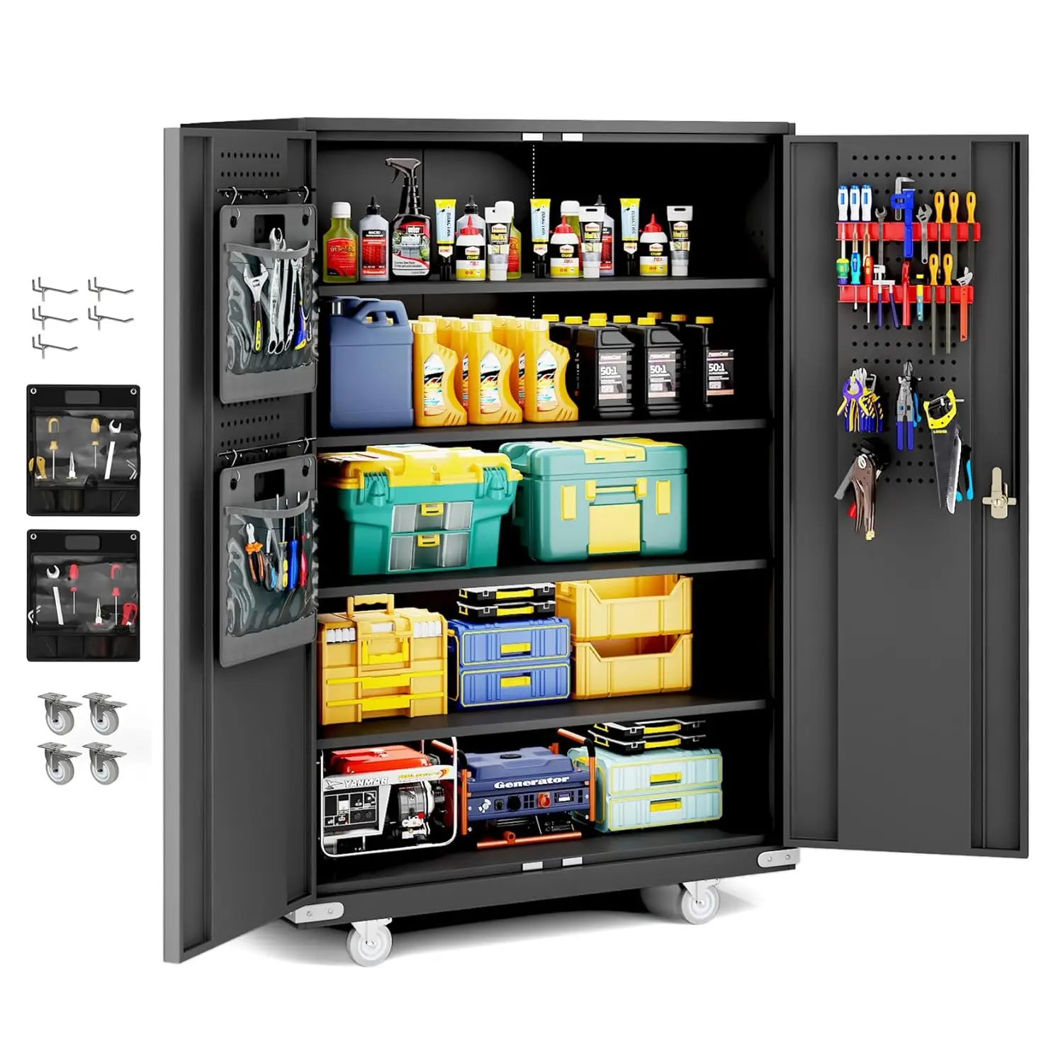 

72"x43"x22" Metal Garage Cabinet Rolling Tool Storage Adjustable Shelves Wheels Pegboards Office Warehouse Workshop, Customized