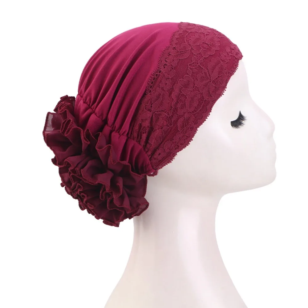 

Elegant Solid Color Lace Head Scarf Soft Elastic Chemo Headwear Ruffle Design Large Flowers Pullover Hat Women Headwear