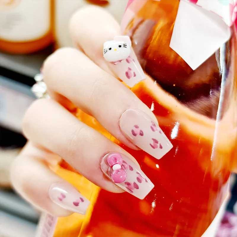 Sweet Pink Leopard Print with 3D Hello Kitty Cartoon Handmade Press-on Nails 10pcs False Nails Natural Nails Kawaii Girl Gift