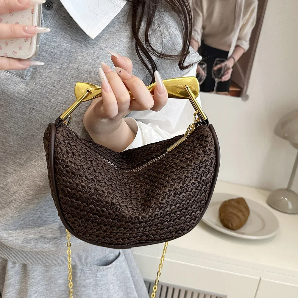 

Women Elegant Knitting Sling Bag Zipper Closure Straw Crossbody Bag Summer Beach Shoulder Bag Seaside Straw Handbag