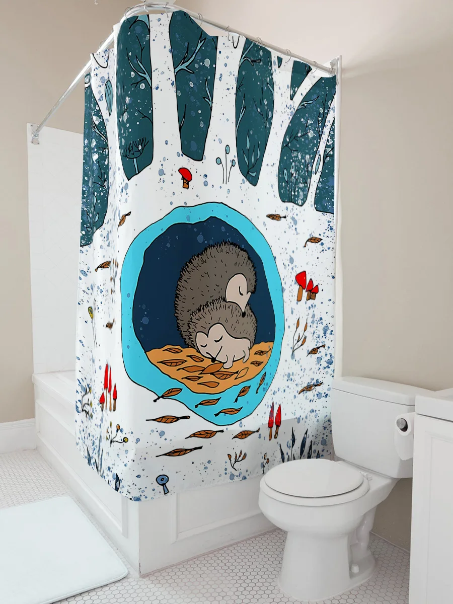 

Очаровательный Ежик, детский лес, занавеска для душа, синие листья, красные грибы, декор для ванной комнаты, водонепроницаемый для стильного обновления дома