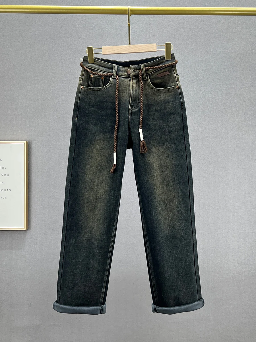

Women's Fce Lined Thi High Waist Loose Slimming Winter Denim Jeans Straight Leg Pants Cotton Stretch Retro Waed