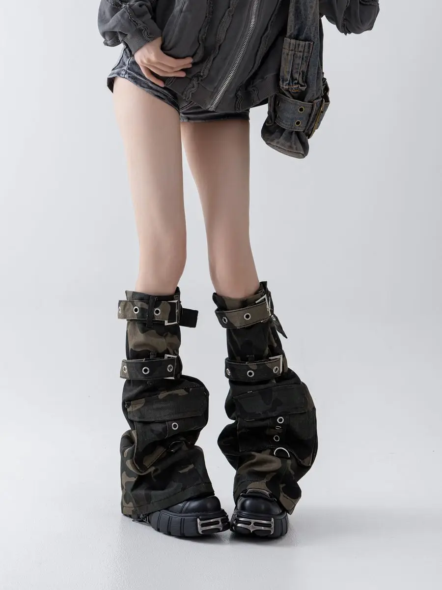 Women Y2K Camouflage Leg Warmers Cargo Pocket Design Double Buckle Straps Stacked Boot Cuffs Street Goth Fashion Accessories