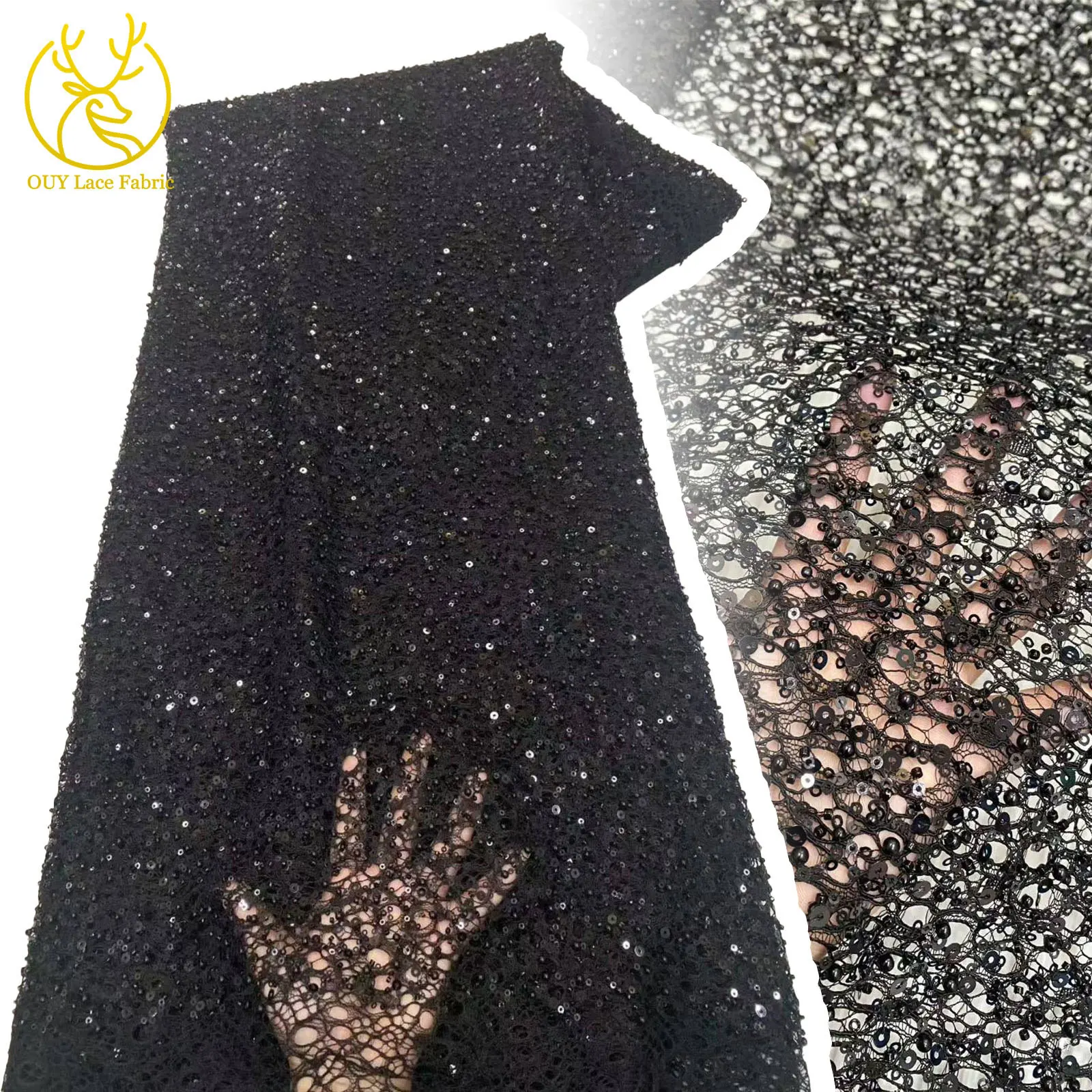 

2025 African Beaded Mesh Lace Fabric High Quality Nigerian French Sequins Bridal Lace Fabric Ladies Party Evening Dresses