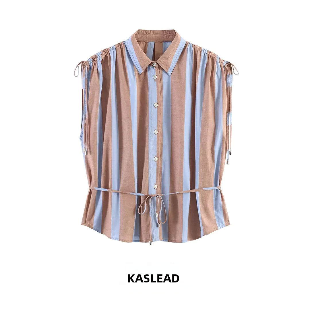

Fashionable Striped Sleeveless Shirt with Belt for Women Breathable Street Style Polyester Fiber Skin-friendly Spring 2026